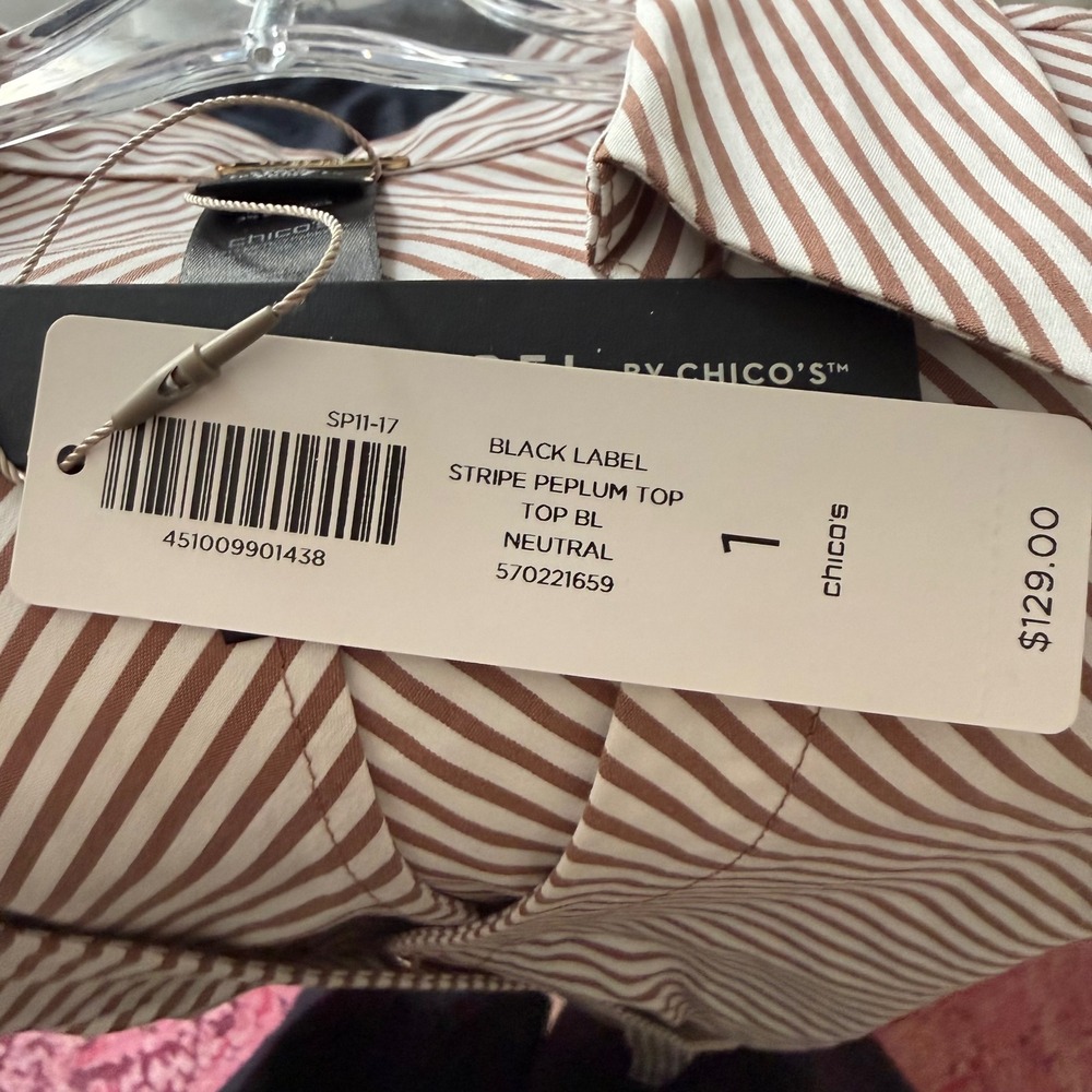 NWT Chico's Black Label Stripe Peplum Top Neutral Brown White Wrap Blouse Size 1 - Picture 6 of 7